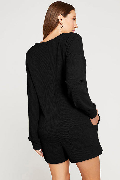 Brushed Ribbed Button Split V Neck Long Sleeve Romper